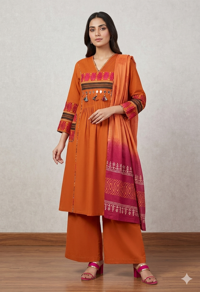 Vibrant Terracotta A-Line Kurta Set with Mirror Work & Ombré Dupatta