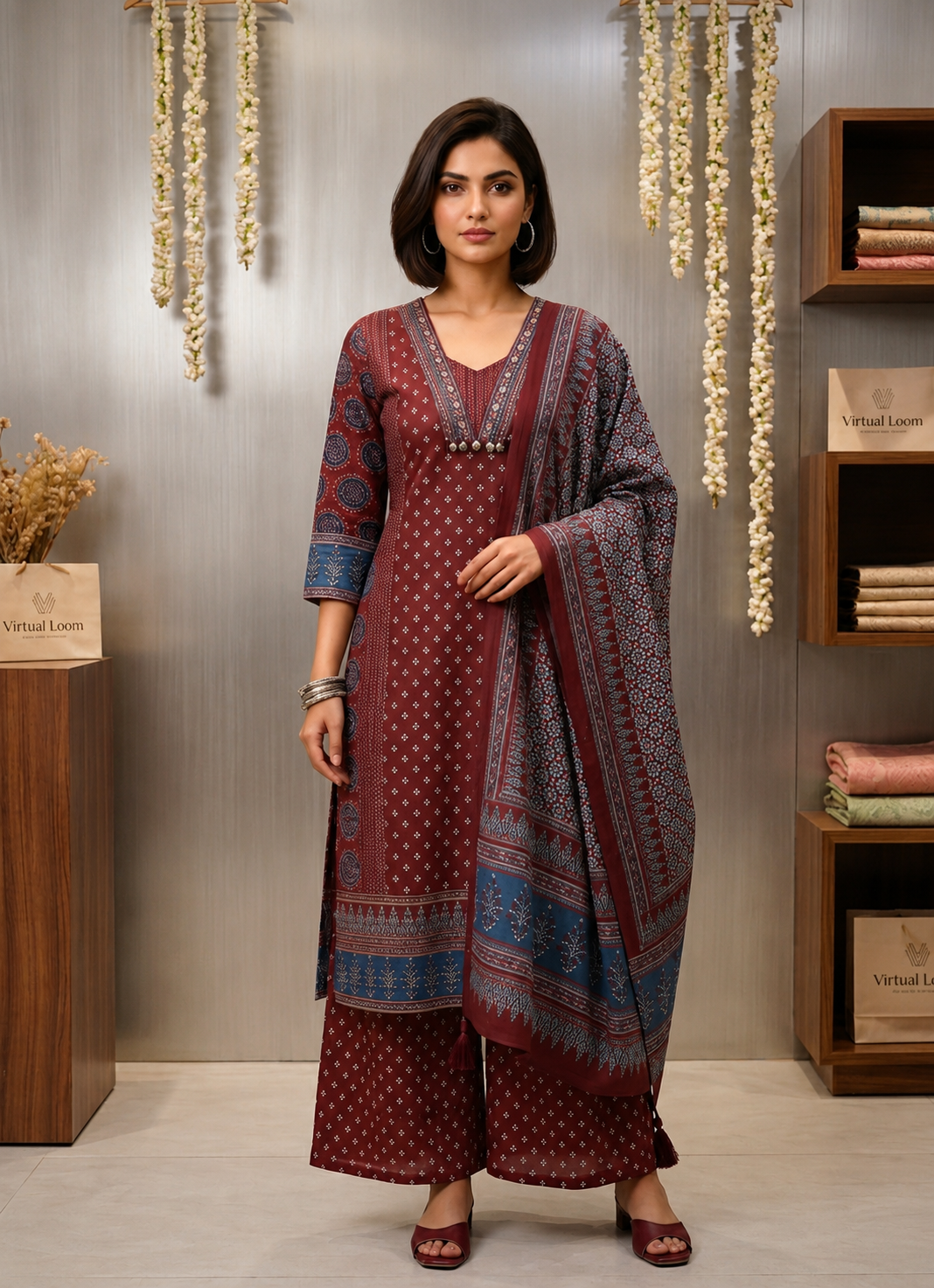 Maroon-cotton-jaipuri-floral-printed-kurti