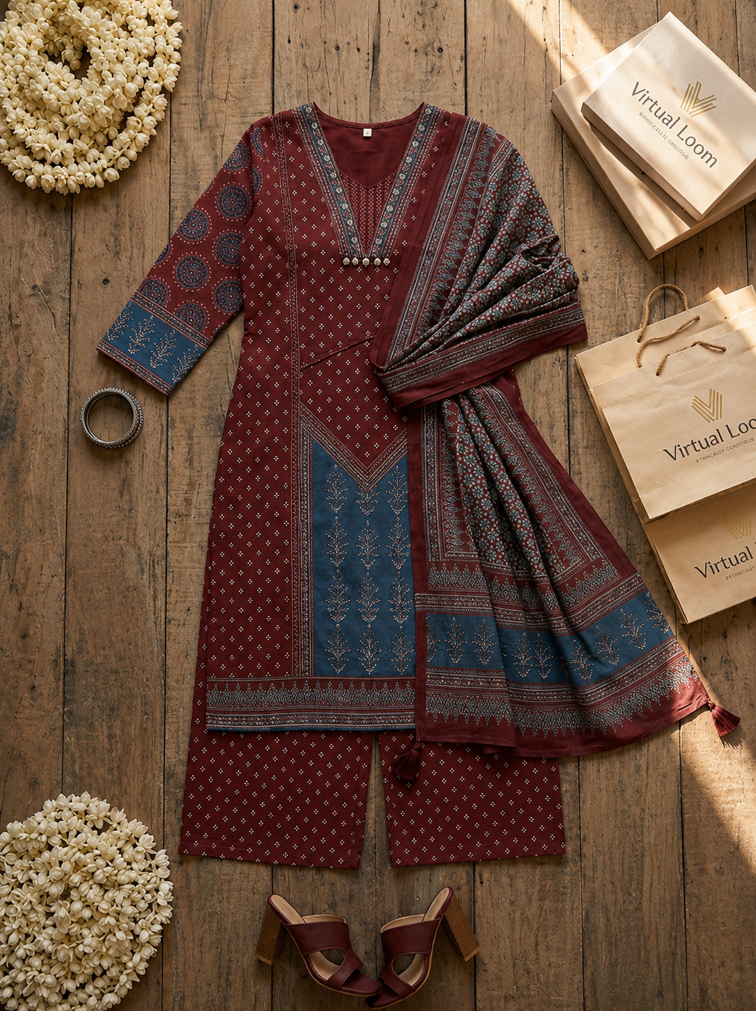 Maroon-cotton-jaipuri-floral-printed-kurti