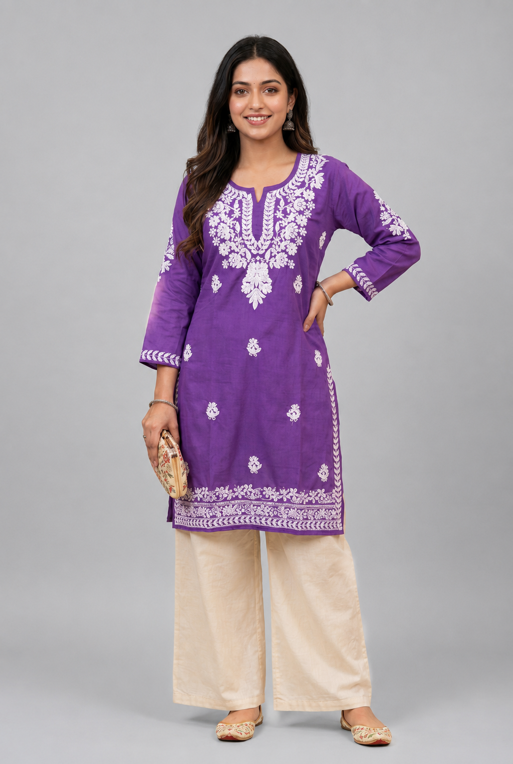 Vibrant Purple Lucknowi Chikankari Kurta Set with Printed Dupatta