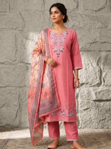Elegance in Rose: Embroidered Cotton Kurta Set with Printed Dupatta