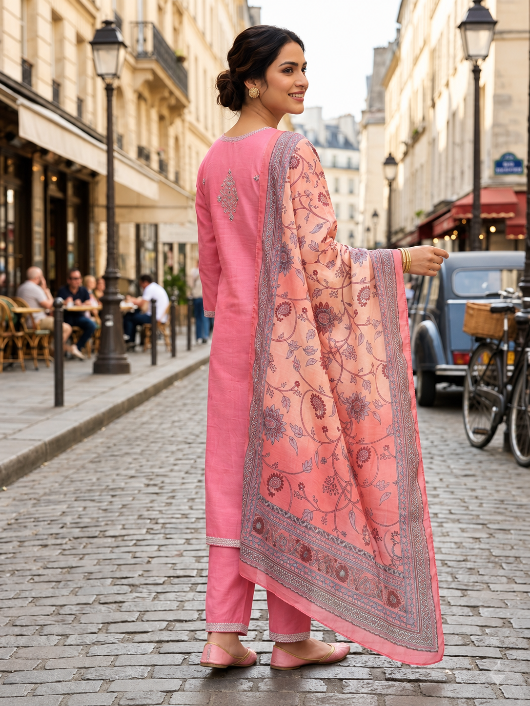 Elegance in Rose: Embroidered Cotton Kurta Set with Printed Dupatta