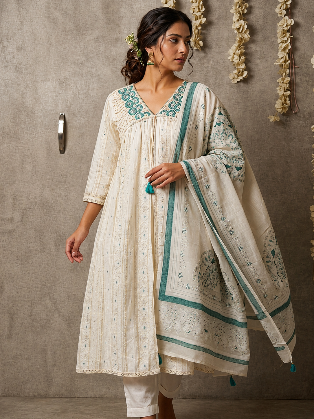 Effortless Elegance: Embroidered Cotton Kurta Set with Teal Accents