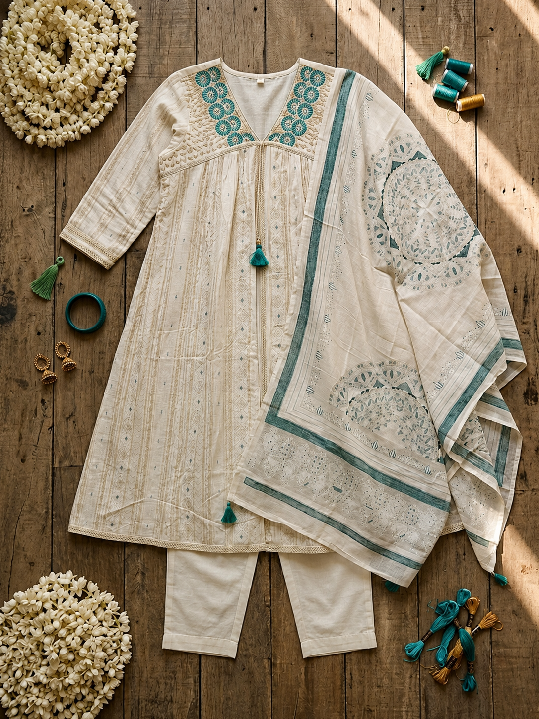 Effortless Elegance: Embroidered Cotton Kurta Set with Teal Accents