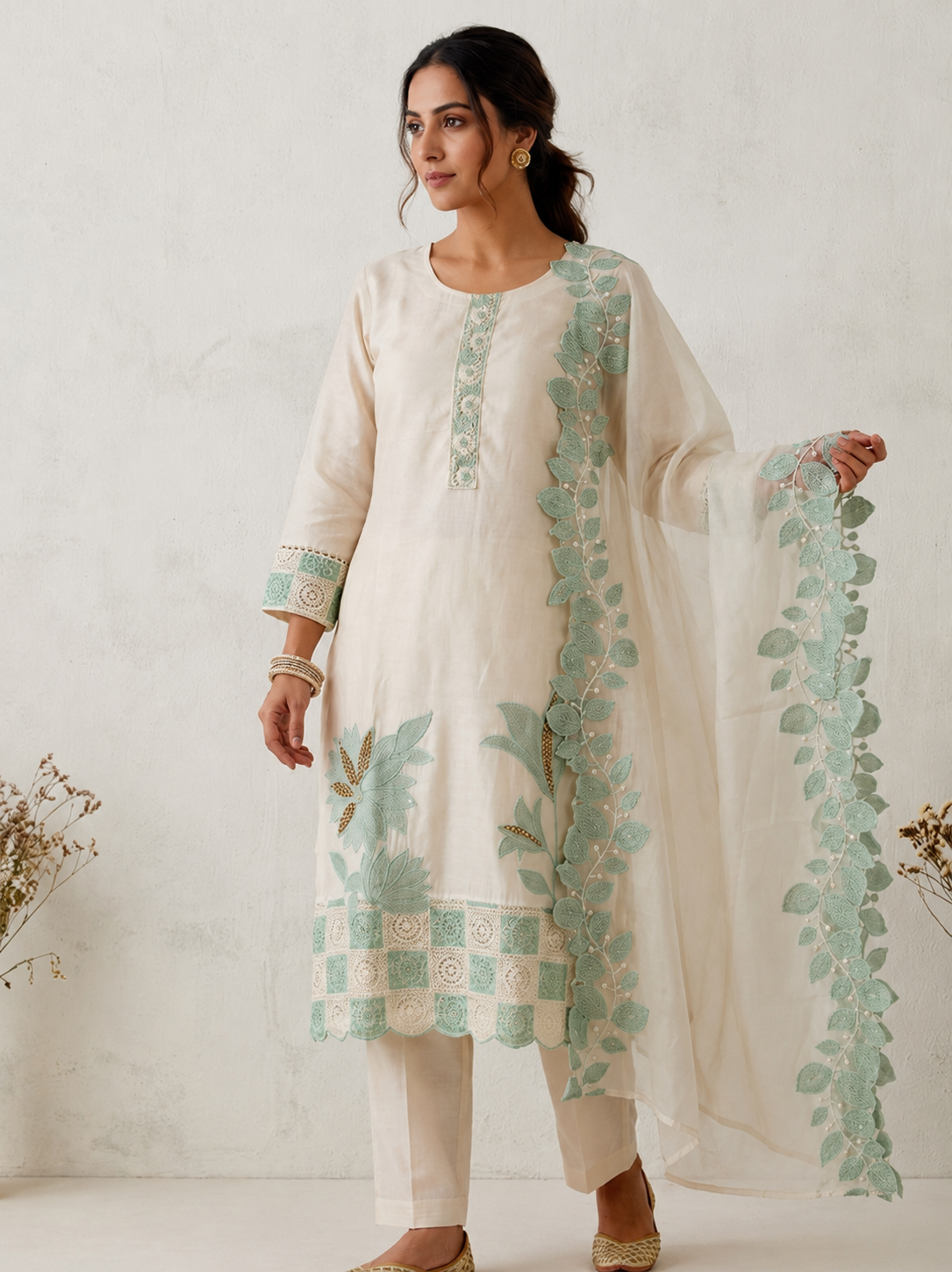Ivory Mint: Floral Appliqué Cotton Kurta Set with Scalloped Lace
