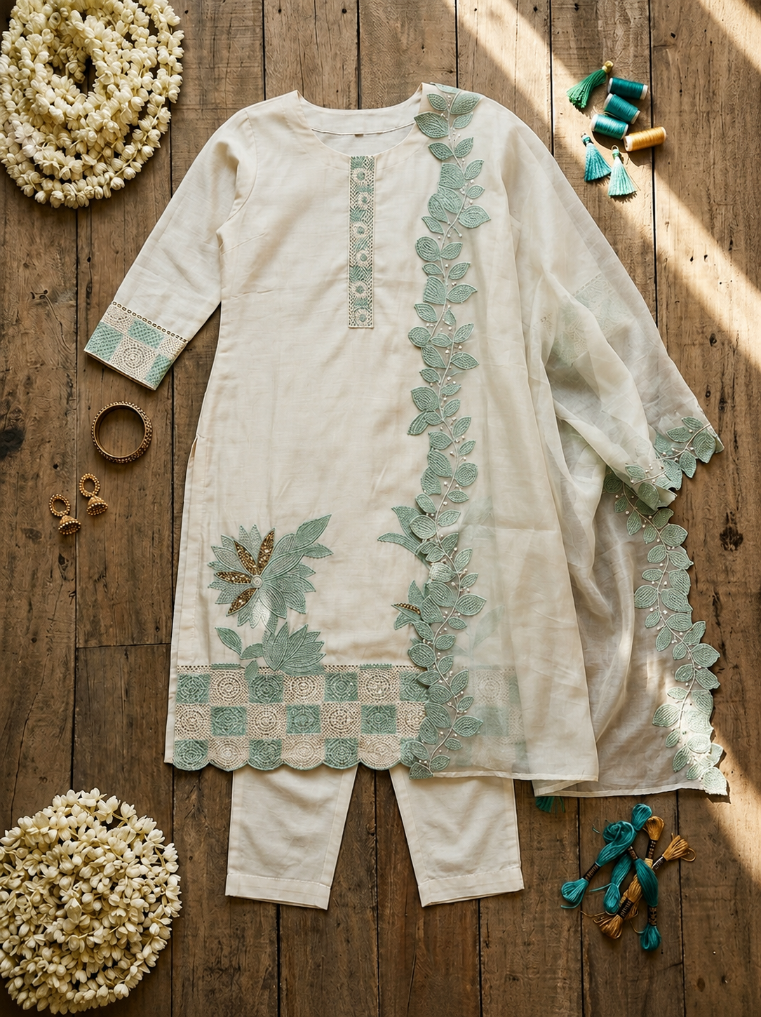 Ivory Mint: Floral Appliqué Cotton Kurta Set with Scalloped Lace