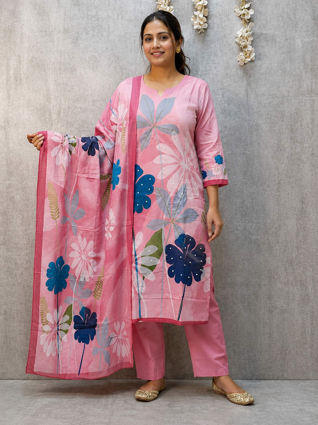 Blossom Breeze: Pink Floral Fusion Kurta Set with Printed Dupatta