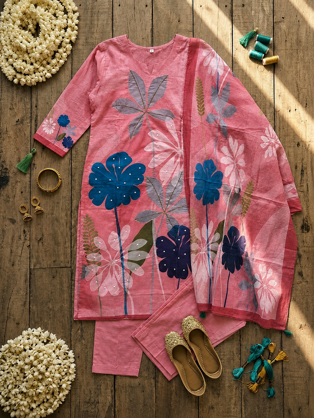 Blossom Breeze: Pink Floral Fusion Kurta Set with Printed Dupatta
