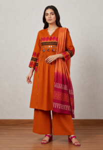 Vibrant Terracotta A-Line Kurta Set with Mirror Work & Ombré Dupatta