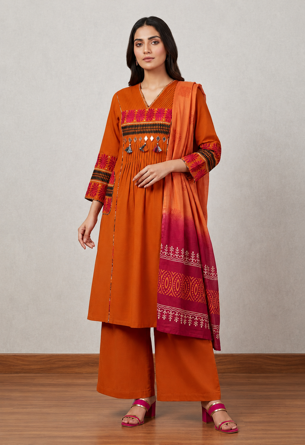 Vibrant Terracotta A-Line Kurta Set with Mirror Work & Ombré Dupatta
