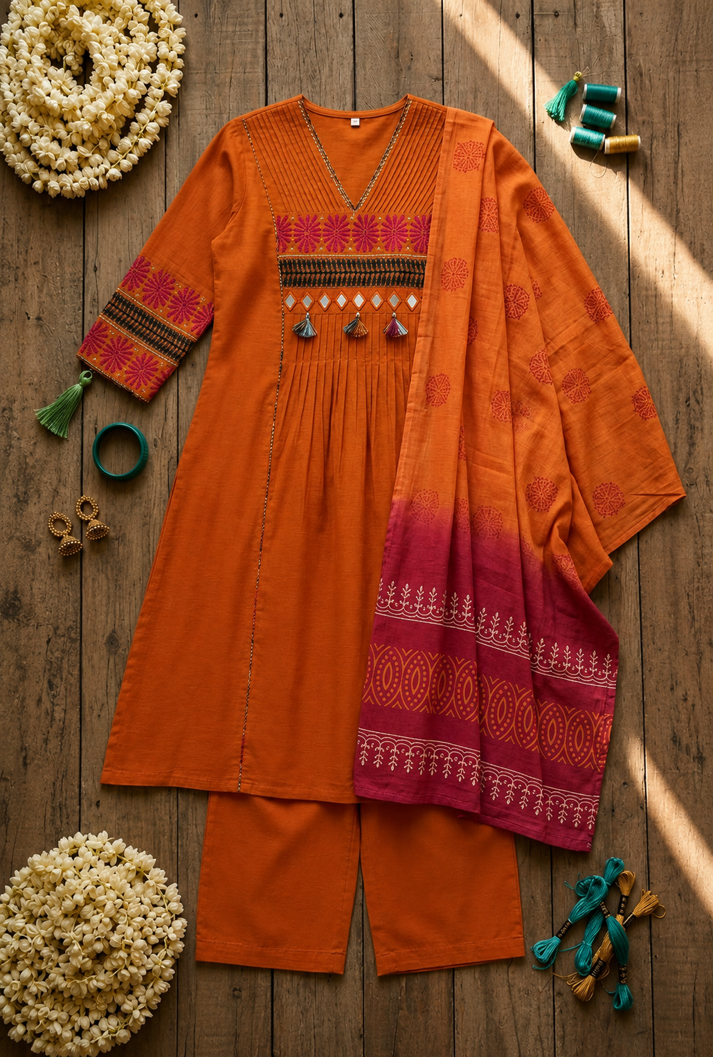 Vibrant Terracotta A-Line Kurta Set with Mirror Work & Ombré Dupatta