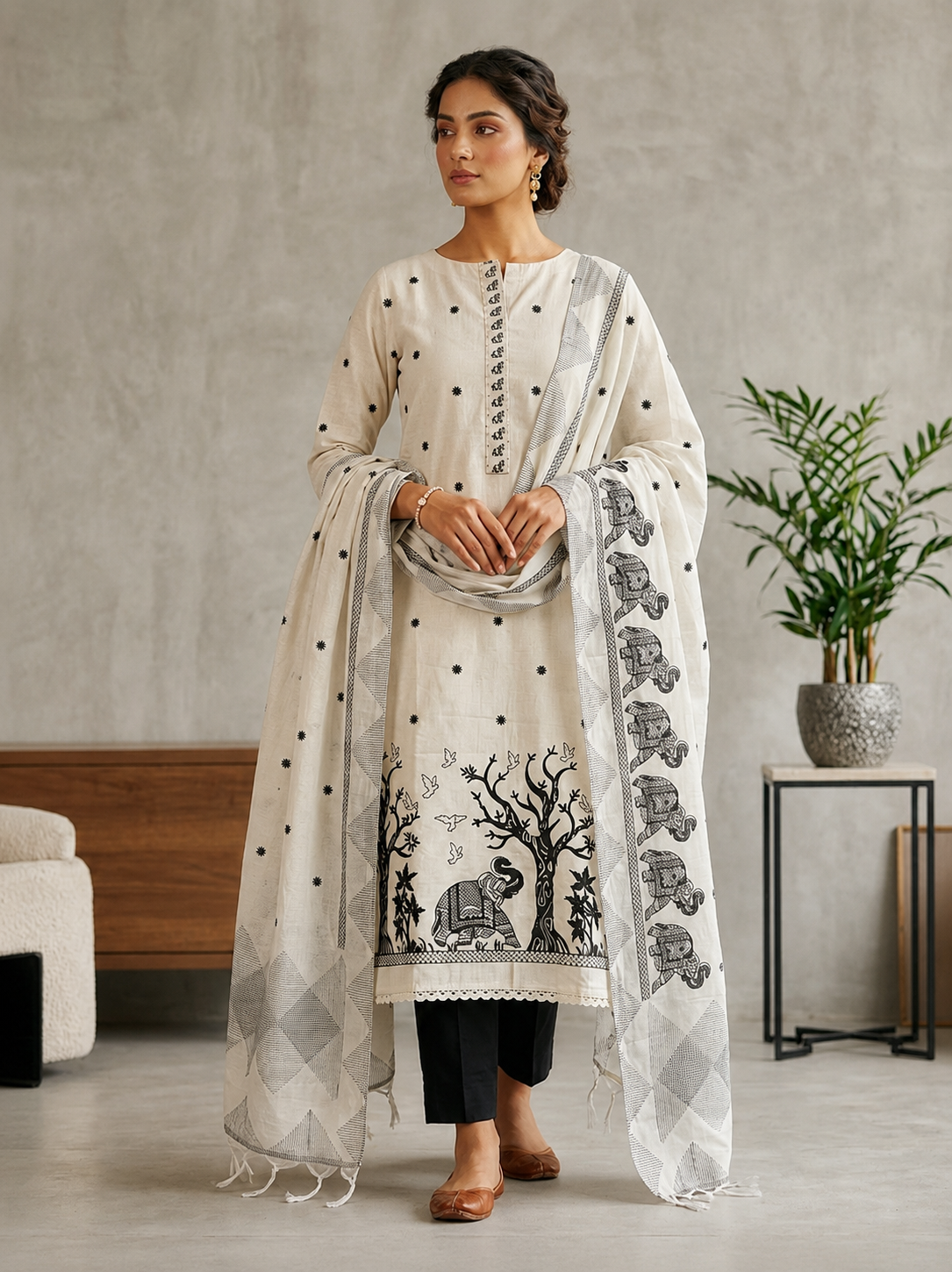 Ivory & Charcoal Hand-Block Print Chanderi Silk Salwar Suit Set