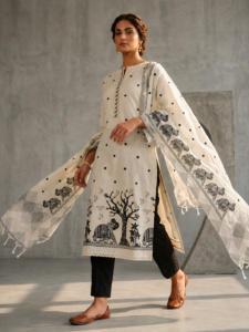 Ivory & Charcoal Hand-Block Print Chanderi Silk Salwar Suit Set