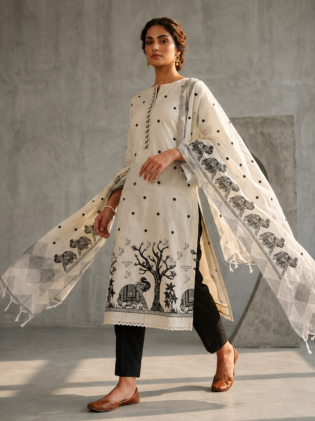 Ivory & Charcoal Hand-Block Print Chanderi Silk Salwar Suit Set