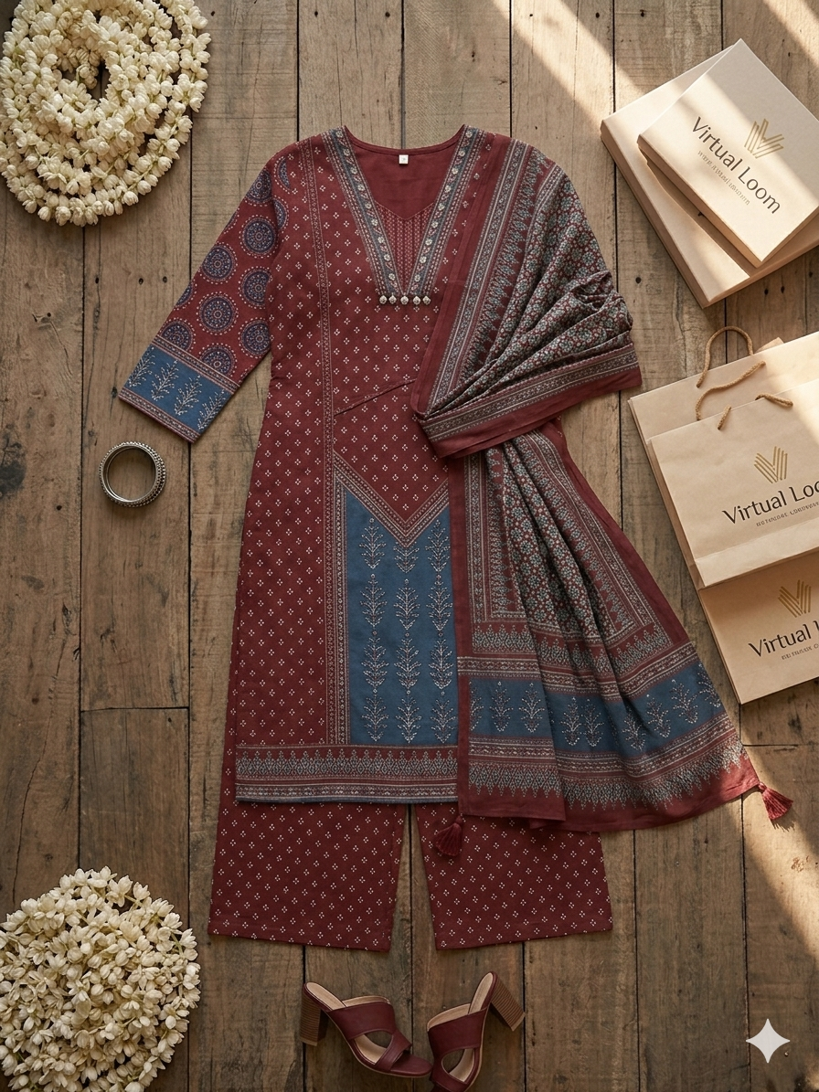 Maroon-cotton-jaipuri-floral-printed-kurti