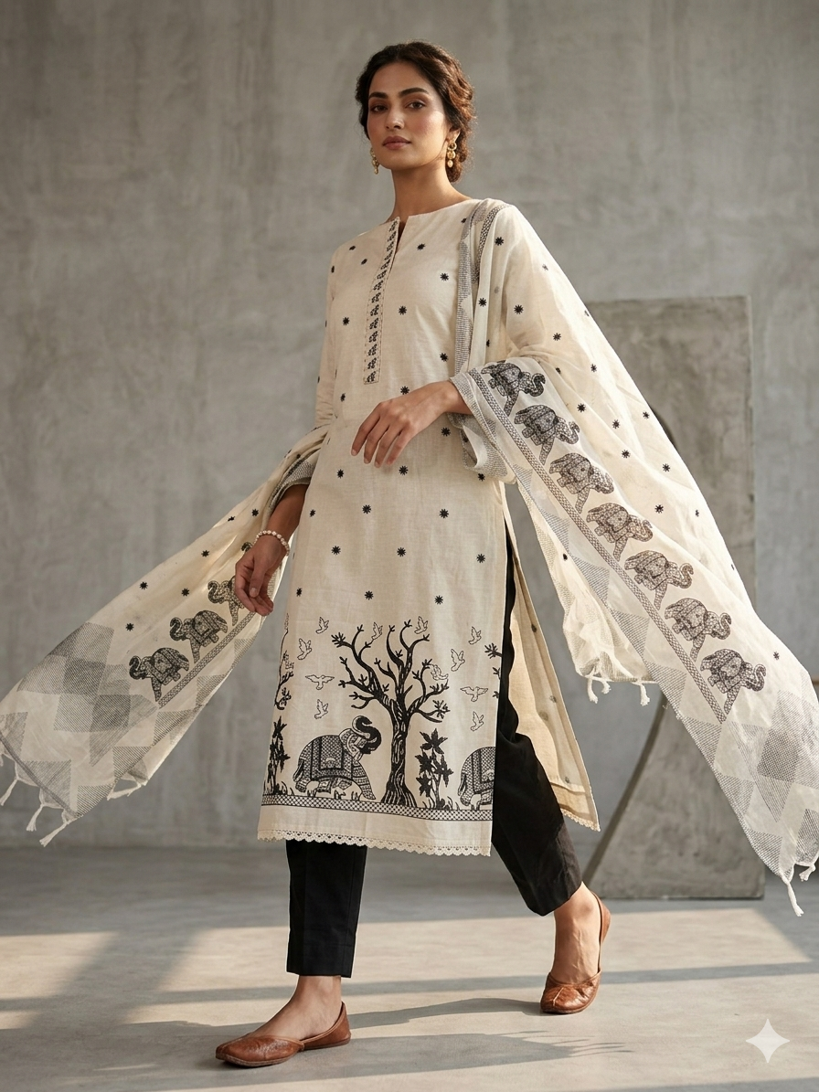 Ivory & Charcoal Hand-Block Print Chanderi Silk Salwar Suit Set