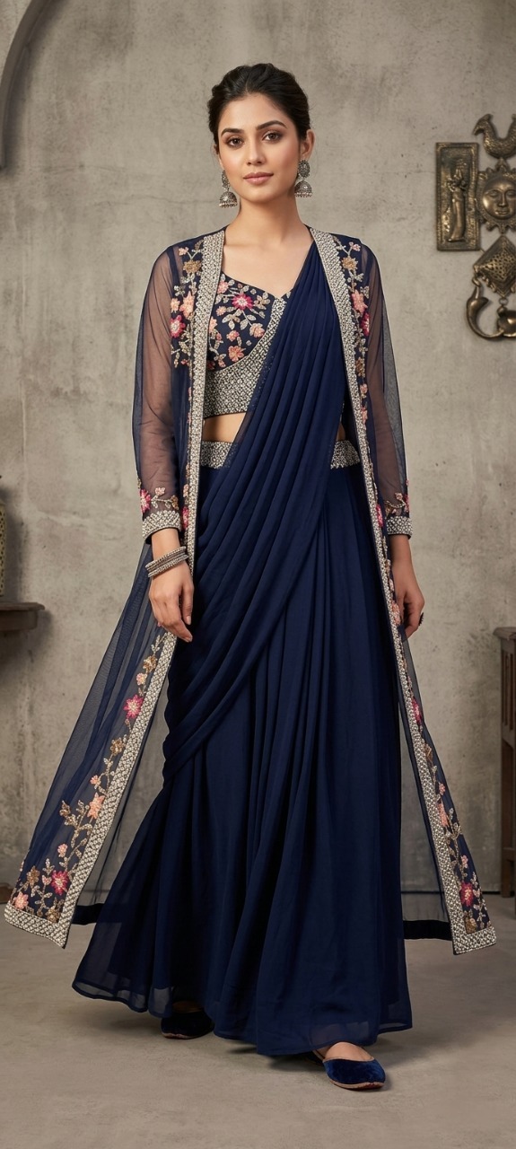 Designer Navy Blue Saree Set with Long Jacket | SIMISH Festive Collection