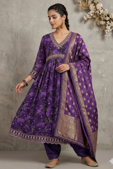 Regal Plum: Floral Anarkali Kurta Set with Zari Work Dupatta