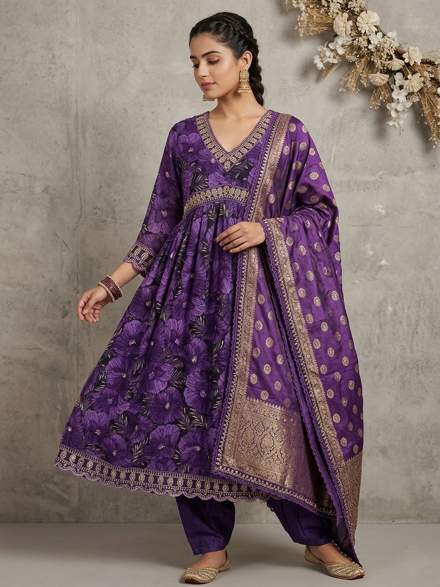 Regal Plum: Floral Anarkali Kurta Set with Zari Work Dupatta