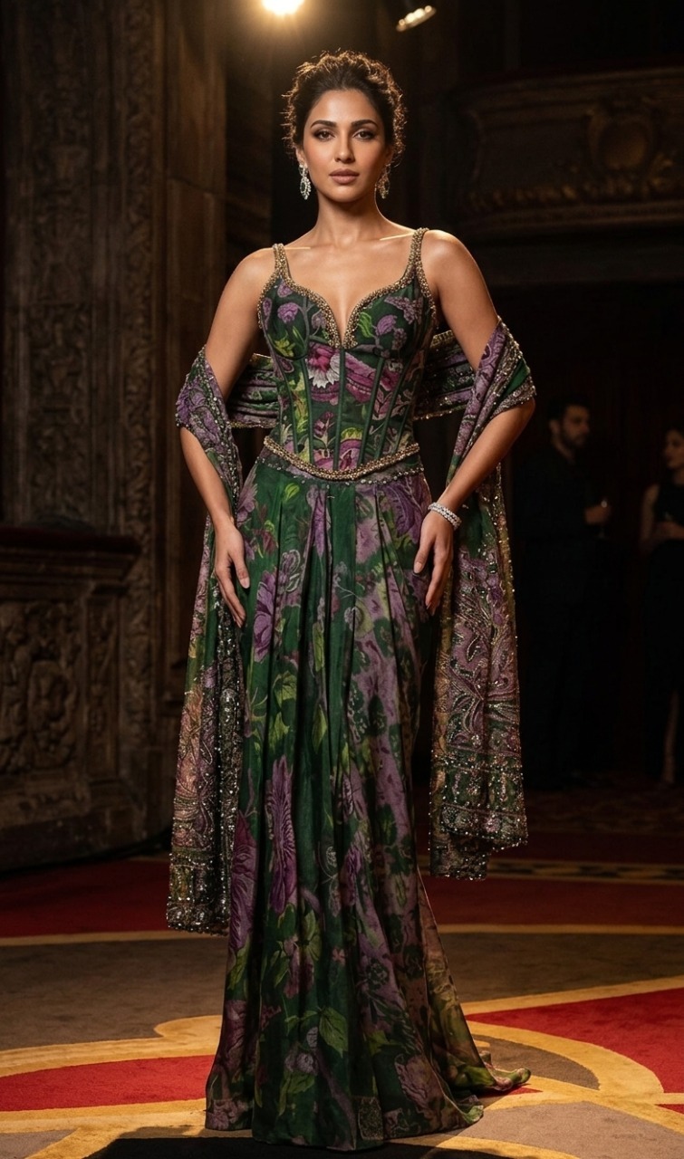 SIMISH Signature | Botanical Print Corset Gown with Embellished Scarf