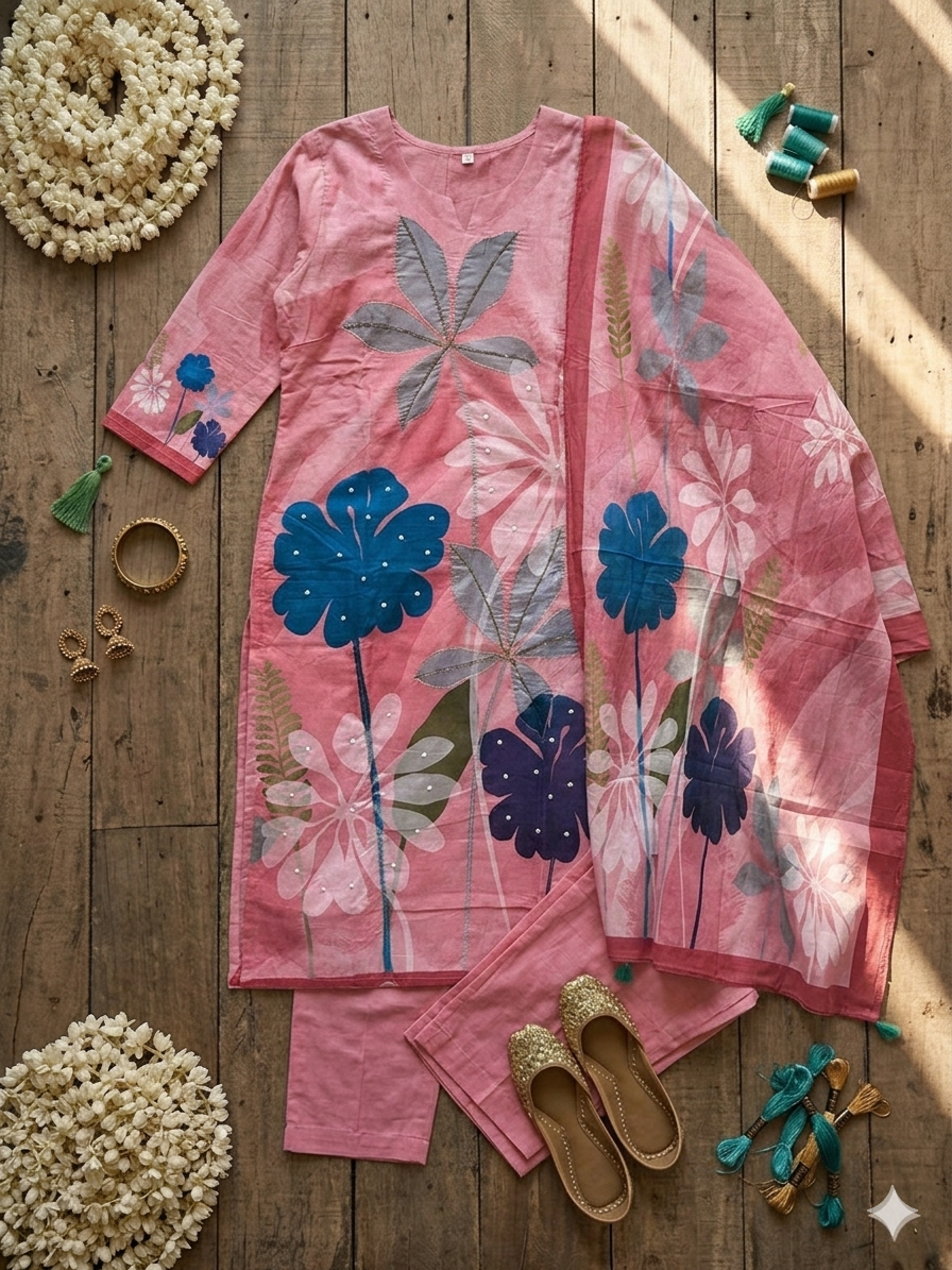 Blossom Breeze: Pink Floral Fusion Kurta Set with Printed Dupatta