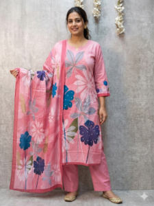 Blossom Breeze: Pink Floral Fusion Kurta Set with Printed Dupatta