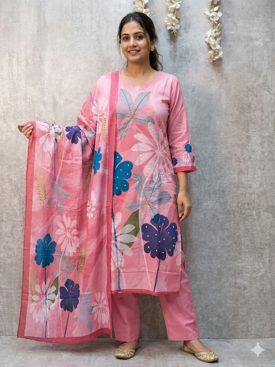 Blossom Breeze: Pink Floral Fusion Kurta Set with Printed Dupatta