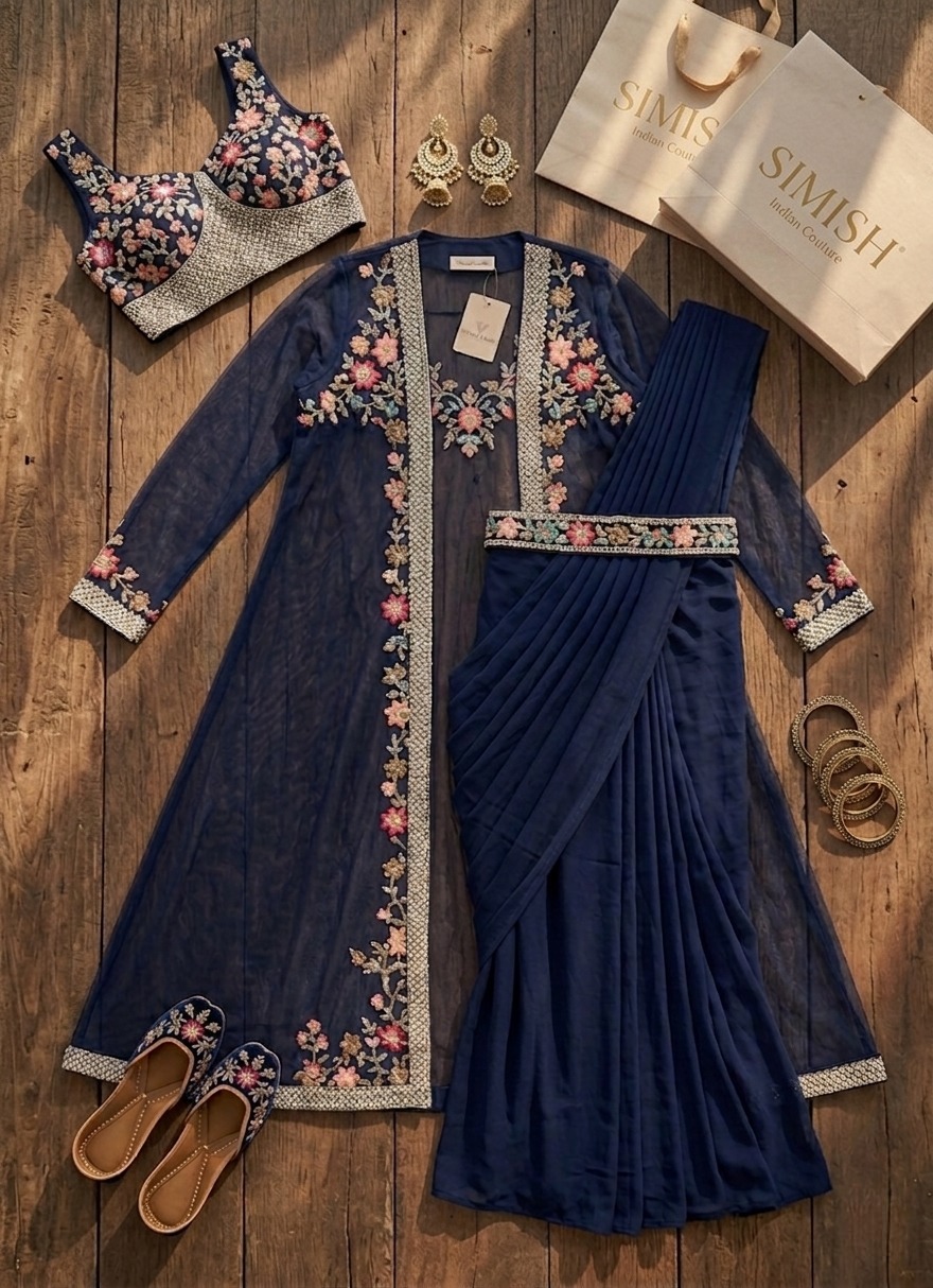 Designer Navy Blue Saree Set with Long Jacket | SIMISH Festive Collection
