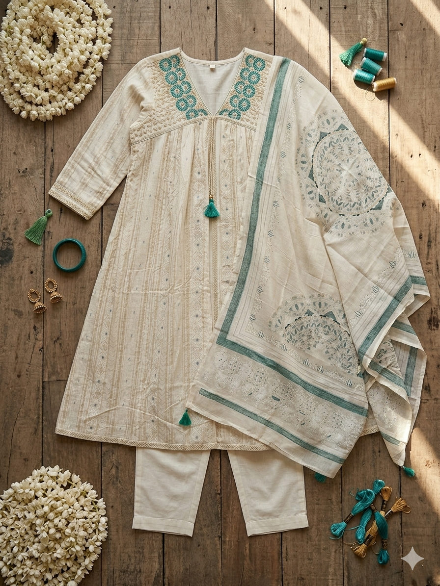 Effortless Elegance: Embroidered Cotton Kurta Set with Teal Accents