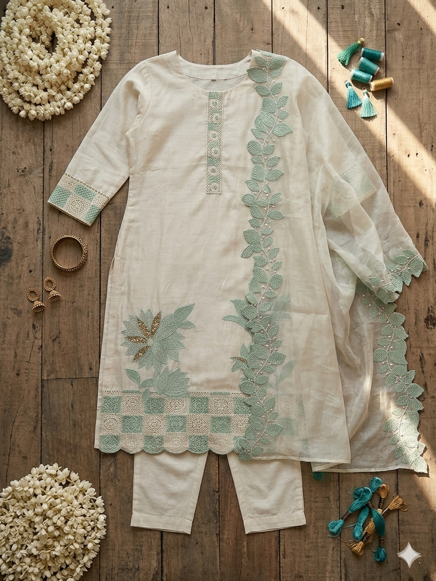 Ivory Mint: Floral Appliqué Cotton Kurta Set with Scalloped Lace
