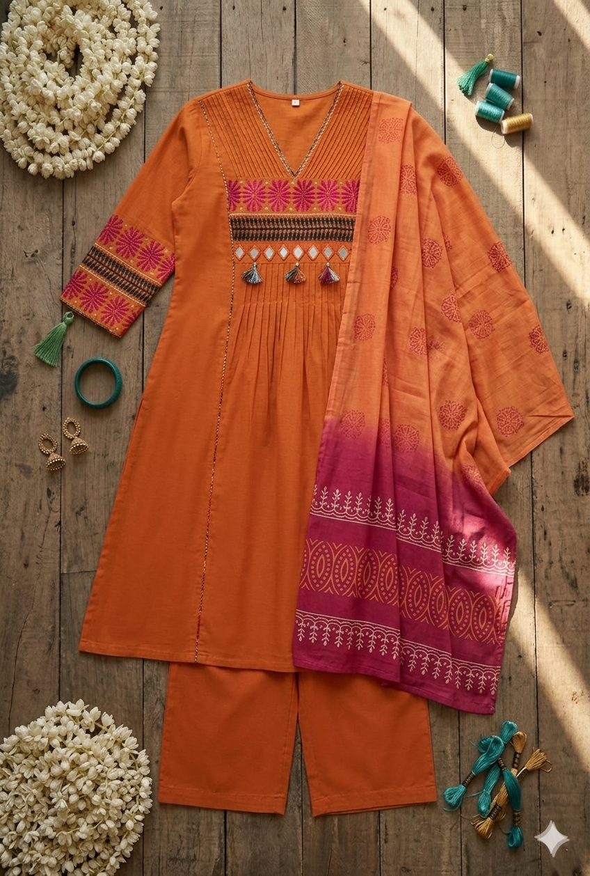 Vibrant Terracotta A-Line Kurta Set with Mirror Work & Ombré Dupatta
