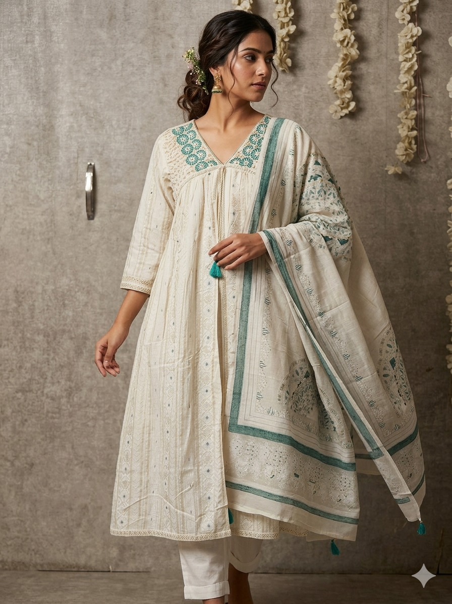 Effortless Elegance: Embroidered Cotton Kurta Set with Teal Accents