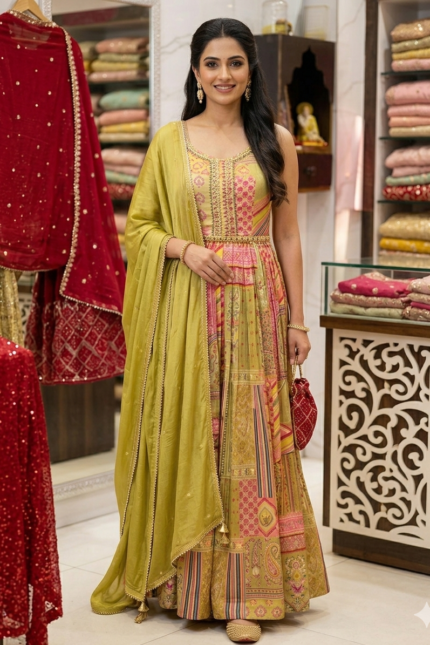 SIMISH Royal Collection | Mustard & Pink Multi-Print Festive Anarkali Set