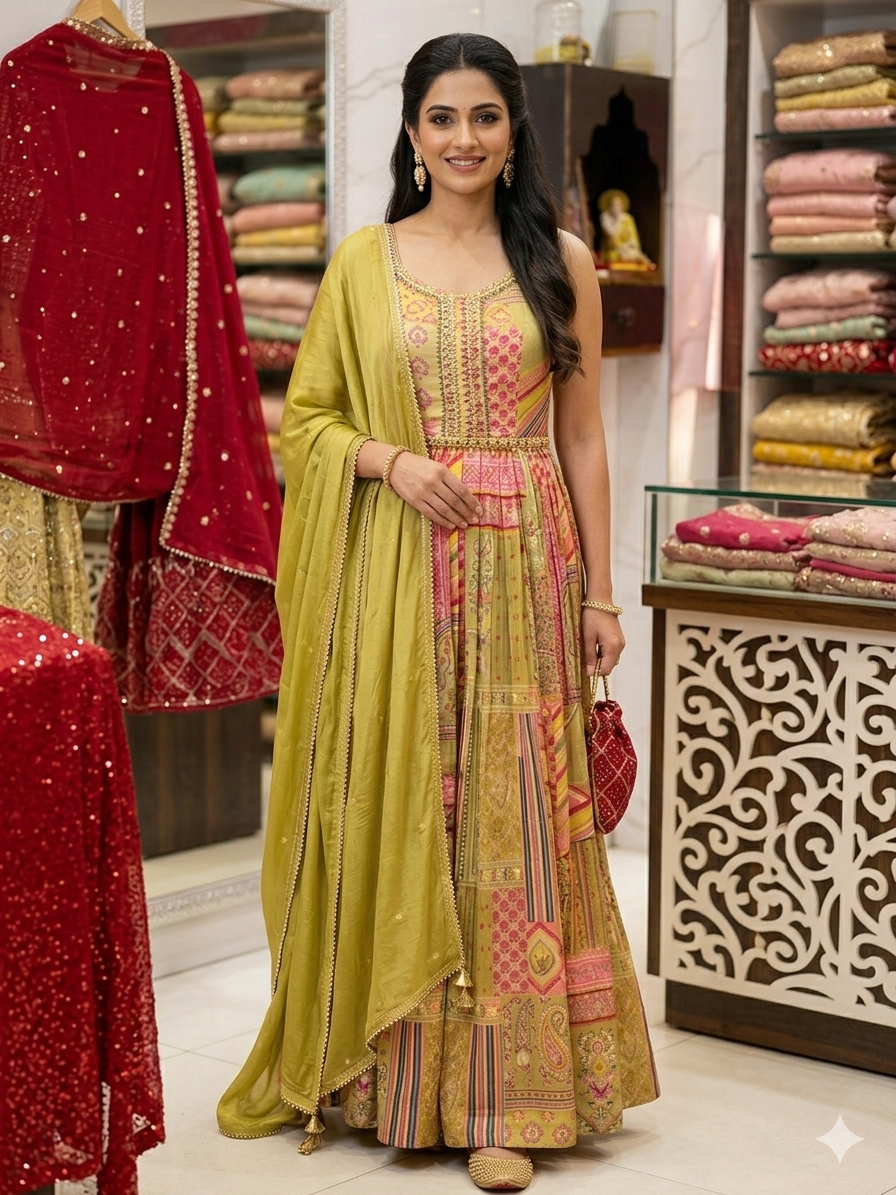 SIMISH Royal Collection | Mustard & Pink Multi-Print Festive Anarkali Set