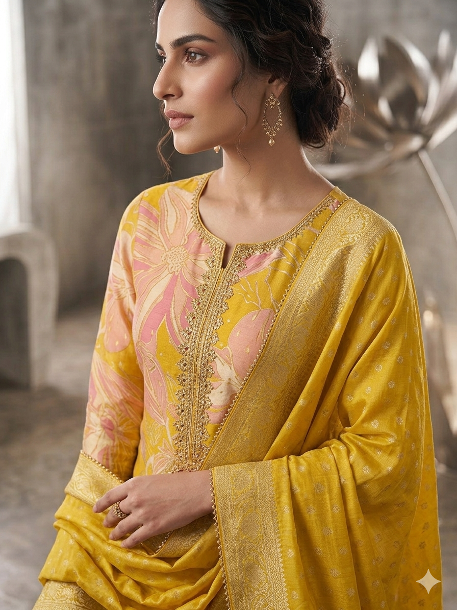 Radiant Mustard Yellow Floral Silk Suit with Banarasi Zari Borders