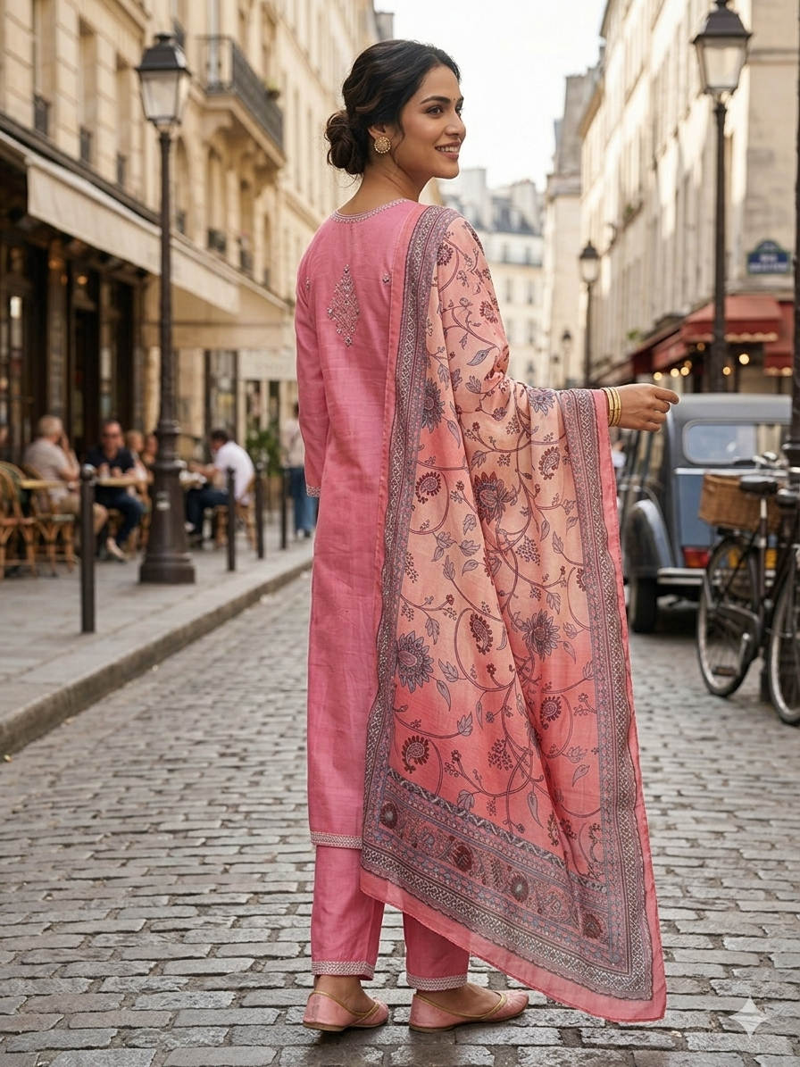 Elegance in Rose: Embroidered Cotton Kurta Set with Printed Dupatta
