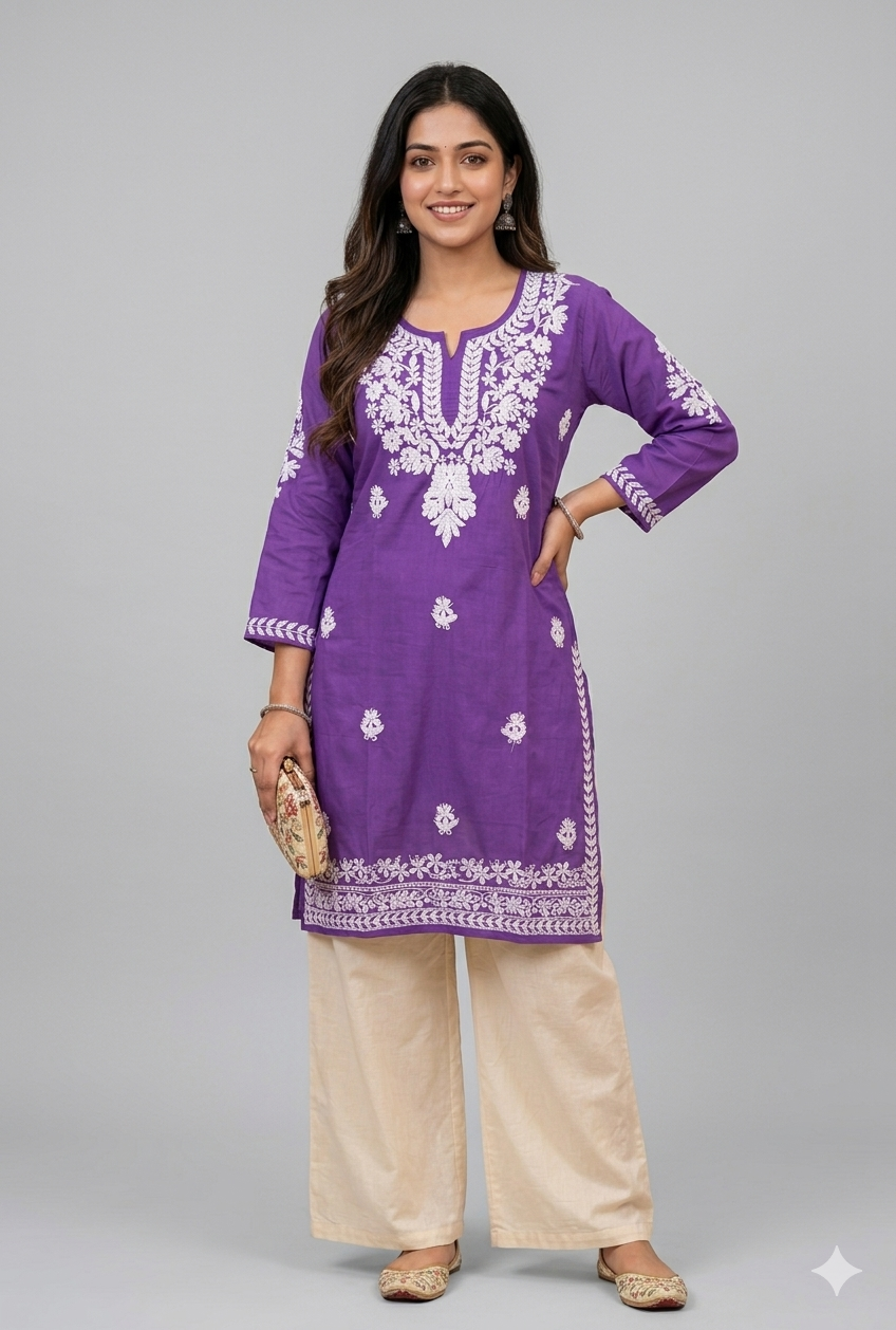 Vibrant Purple Lucknowi Chikankari Kurta Set with Printed Dupatta