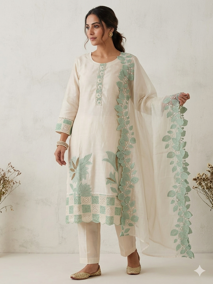 Ivory Mint: Floral Appliqué Cotton Kurta Set with Scalloped Lace
