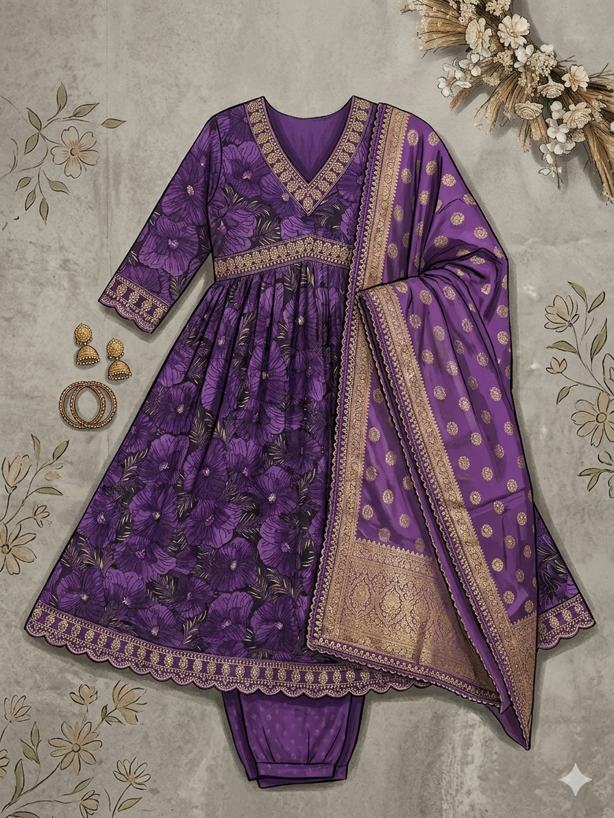 Regal Plum: Floral Anarkali Kurta Set with Zari Work Dupatta