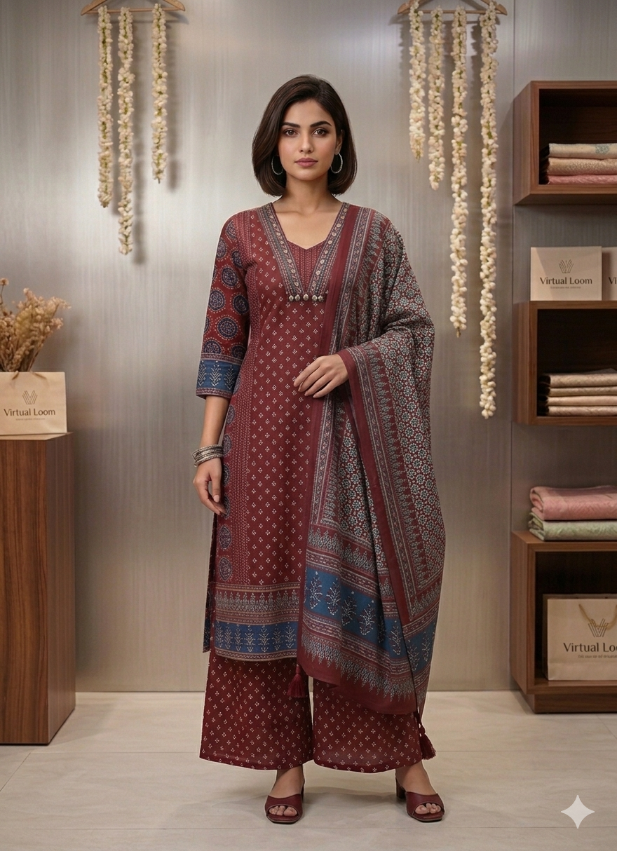 Maroon-cotton-jaipuri-floral-printed-kurti