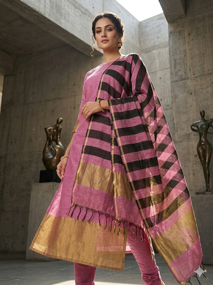 Mauve Orchid Handloom Tussar Silk Suit with Gold Zari & Striped Dupatta