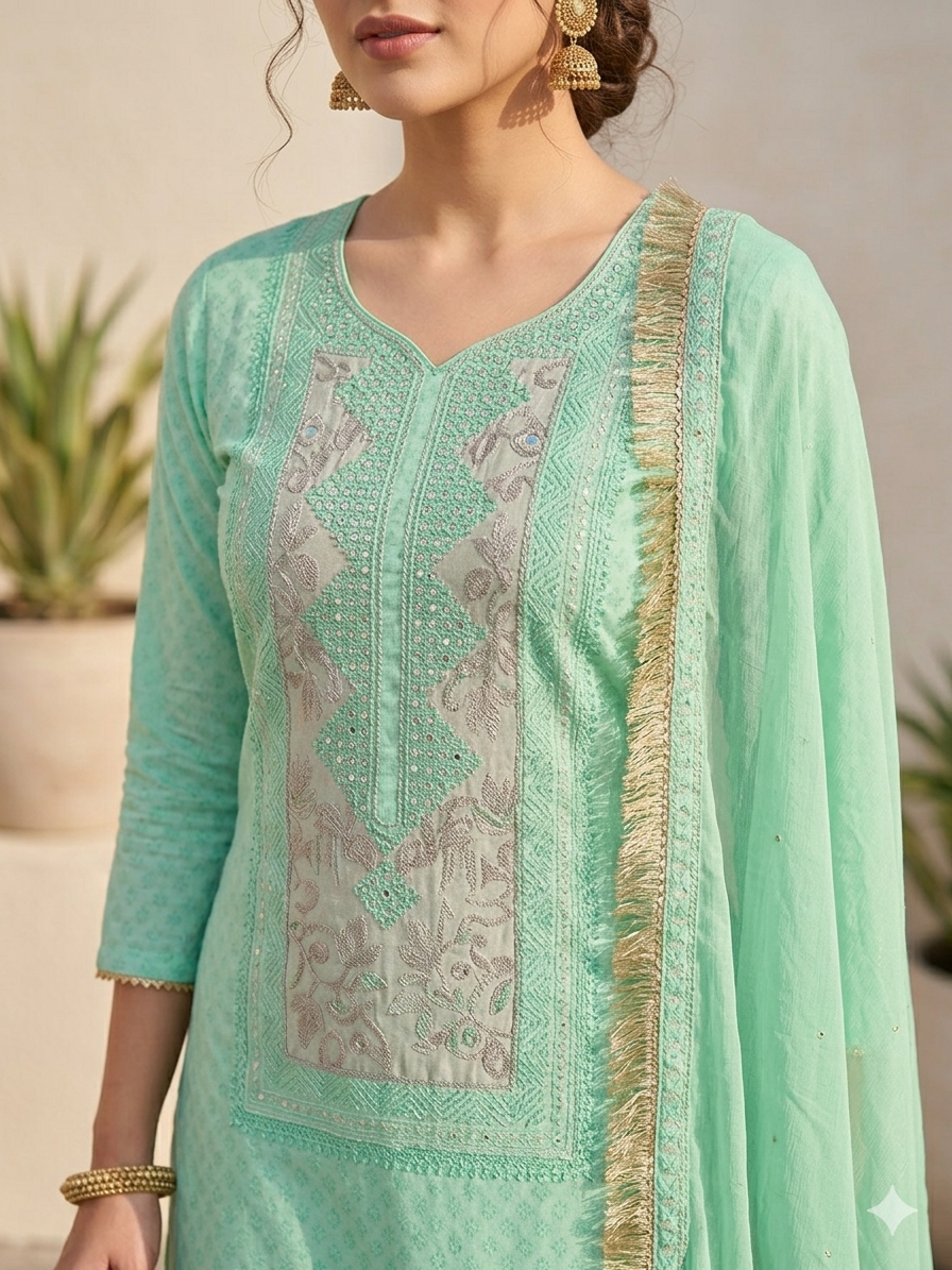 Mint Seafoam Chikankari Style Suit Set with Gota Patti Highlights