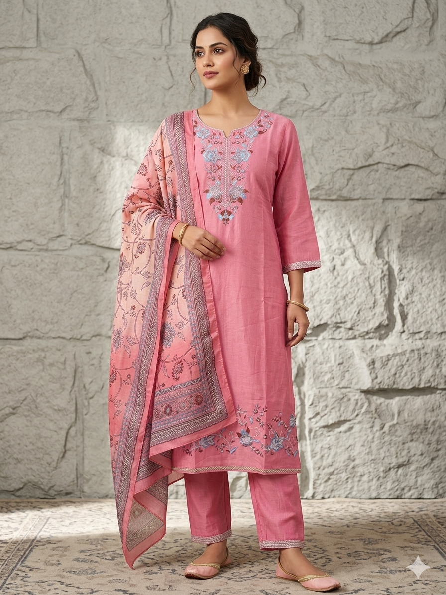 Elegance in Rose: Embroidered Cotton Kurta Set with Printed Dupatta