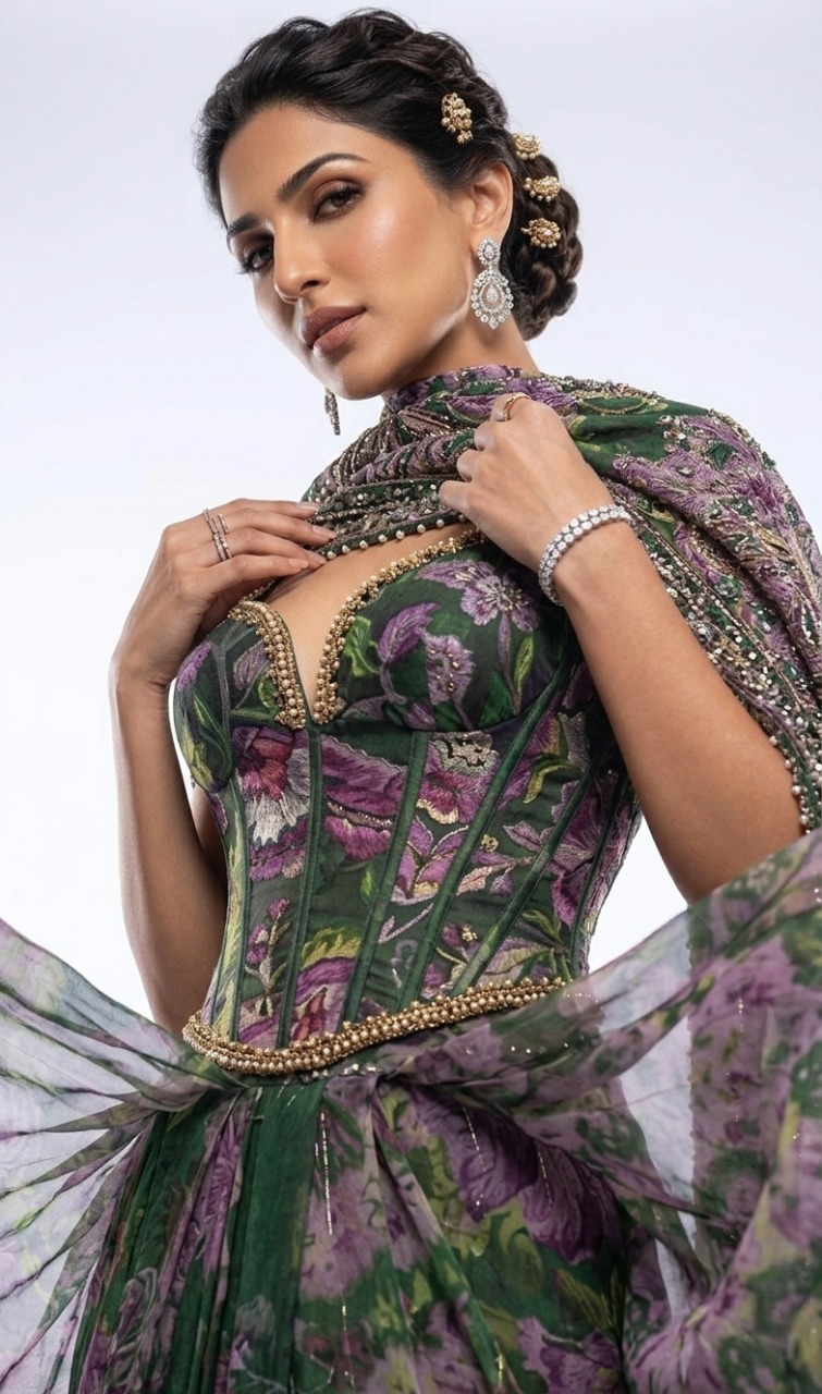 SIMISH Signature | Botanical Print Corset Gown with Embellished Scarf