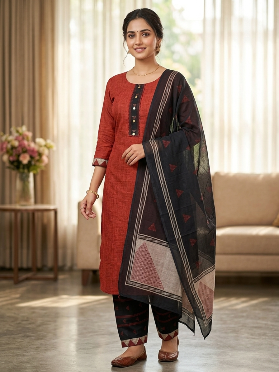 Terracotta Red & Charcoal Hand-Block Print Ajrakh Style Suit Set