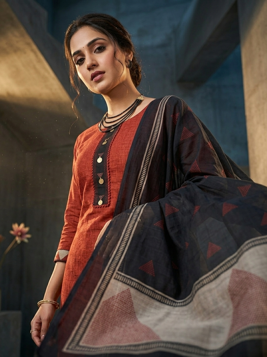 Terracotta Red & Charcoal Hand-Block Print Ajrakh Style Suit Set