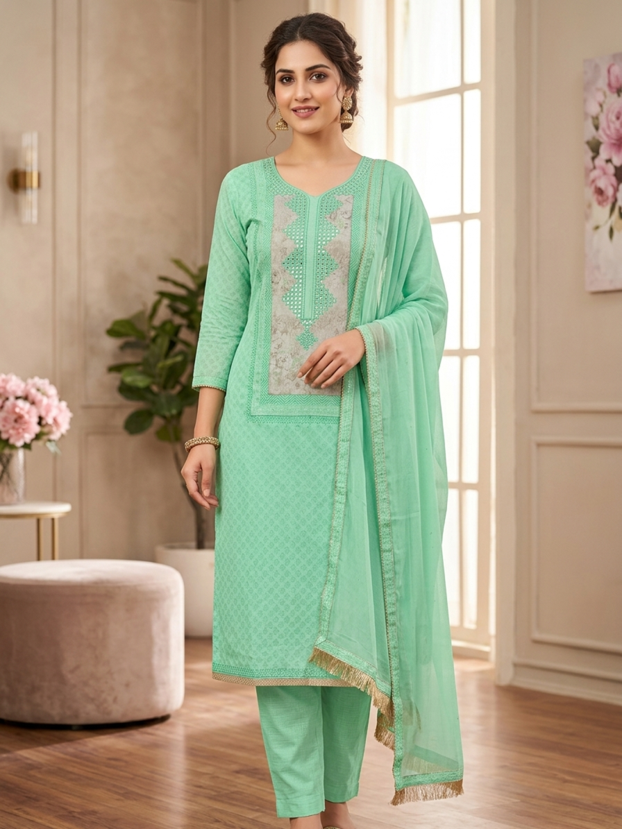 Mint Seafoam Chikankari Style Suit Set with Gota Patti Highlights