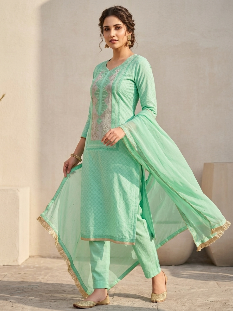 Mint Seafoam Chikankari Style Suit Set with Gota Patti Highlights