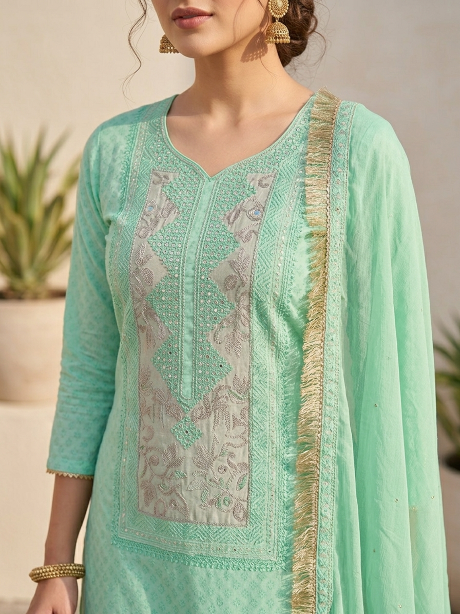 Mint Seafoam Chikankari Style Suit Set with Gota Patti Highlights