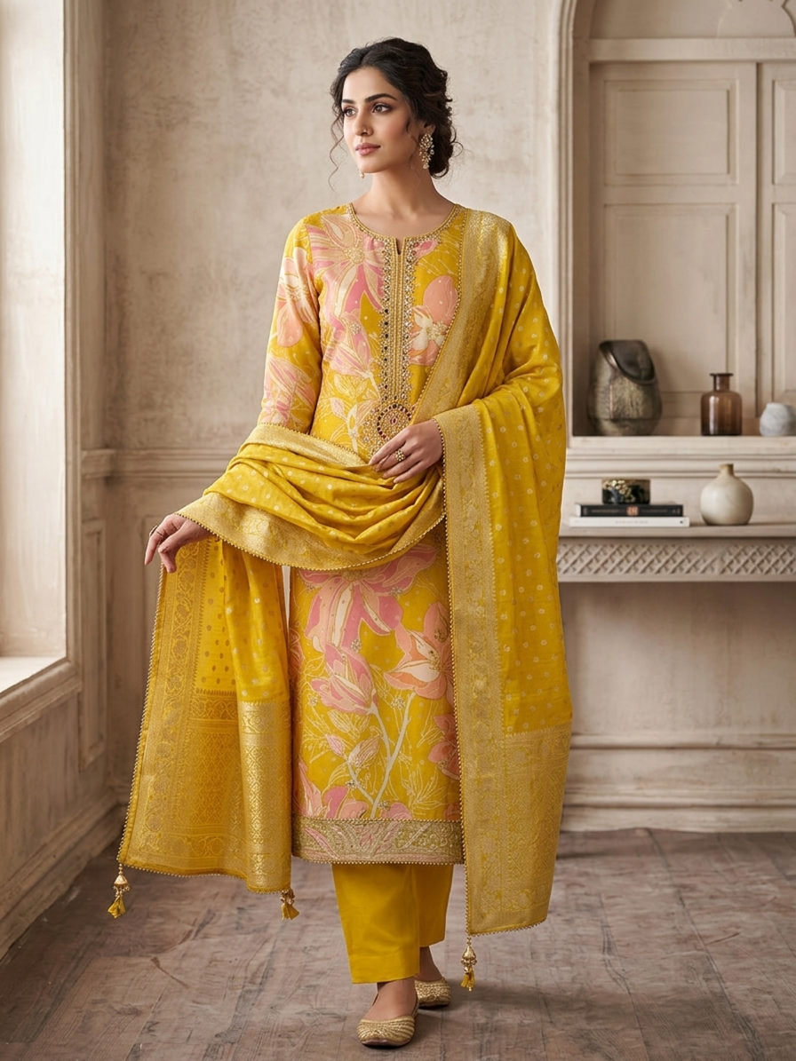 Radiant Mustard Yellow Floral Silk Suit with Banarasi Zari Borders